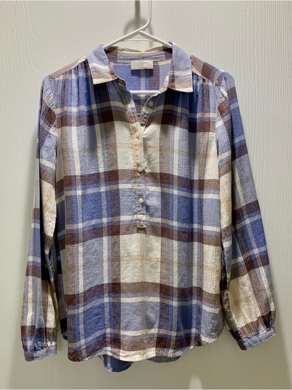 LOFT Blue, Brown, Cream Plaid Pullover Blouse